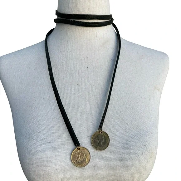 Vintage British Half Penny Coin Leather Wrap Choker Lariat Necklace 1942 1958 - Picture 1 of 7
